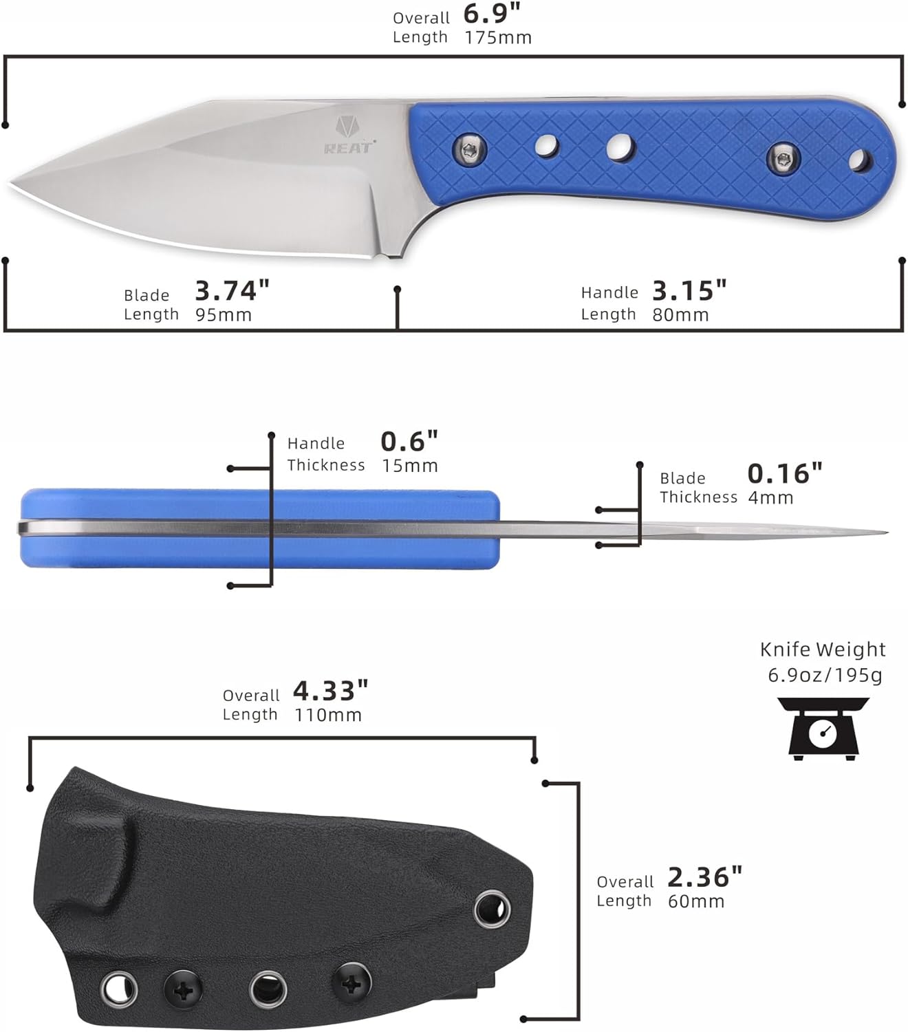 REAT Fixed Blade Knife with Kydex Sheath, 3.75" D2 Steel Blade,Ergonomic G10 Handle, Sharp EDC Knife, Small Tool for Camping Survival Tactical Hiking,Gifts for Men,Women