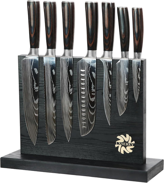 Knife Set with Block for Kitchen - 7Pcs Hand-Forged Kitchen Knife and Magnetic Holder with Ergonomic Handle-Perfect for Novice to Professional Chefs.