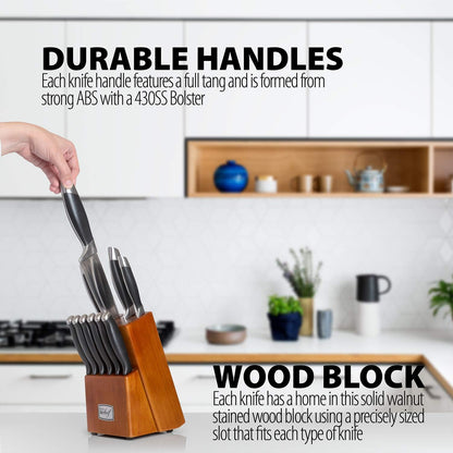Deco Chef 16 Piece Kitchen Knife Set Stainless Steel with Wood Handles, 8" Chef, 6.5" Cleaver, 8" Bread, 8" Slicing, 4.5" Paring, 6pcs Steak Knives, Kitchen Shears, and more