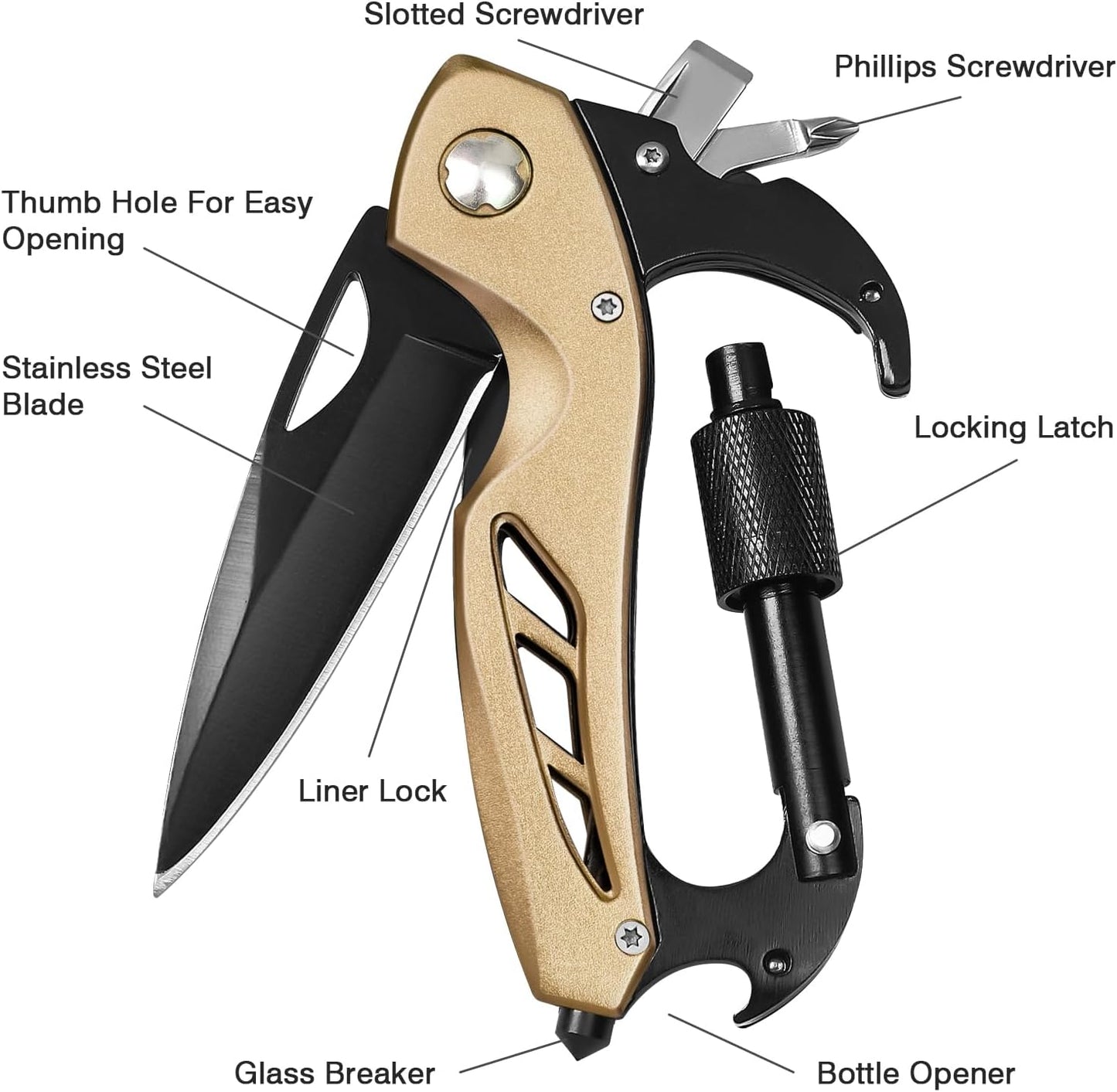 Multitool Carabiner with Pocket Knife, Stocking Stuffers Gifts for Men, EDC Carabiners with Folding Knives, Bottle Opener, Window Breaker and Screwdriver, Survival Gear for Camping Hiking