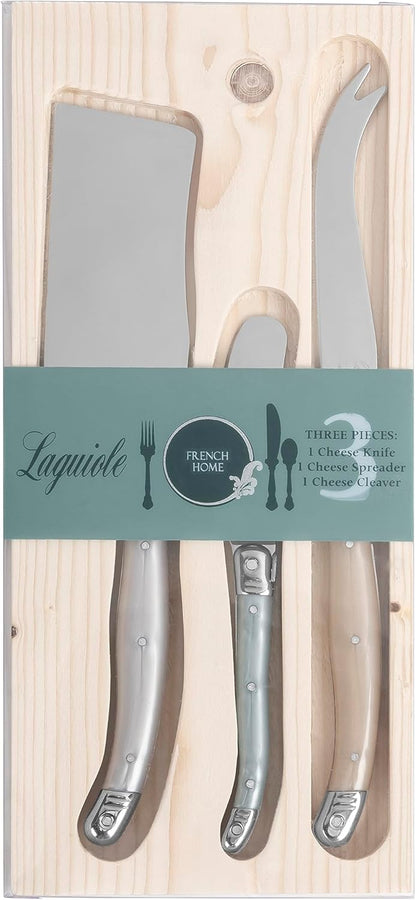Laguiole Cheese Knife Set of 3 – Charcuterie Accessories w/Faux Ivory Handles – Includes 6.25" Cheese Spreader, 9.25" Spear & 8.5" Cleaver Knife