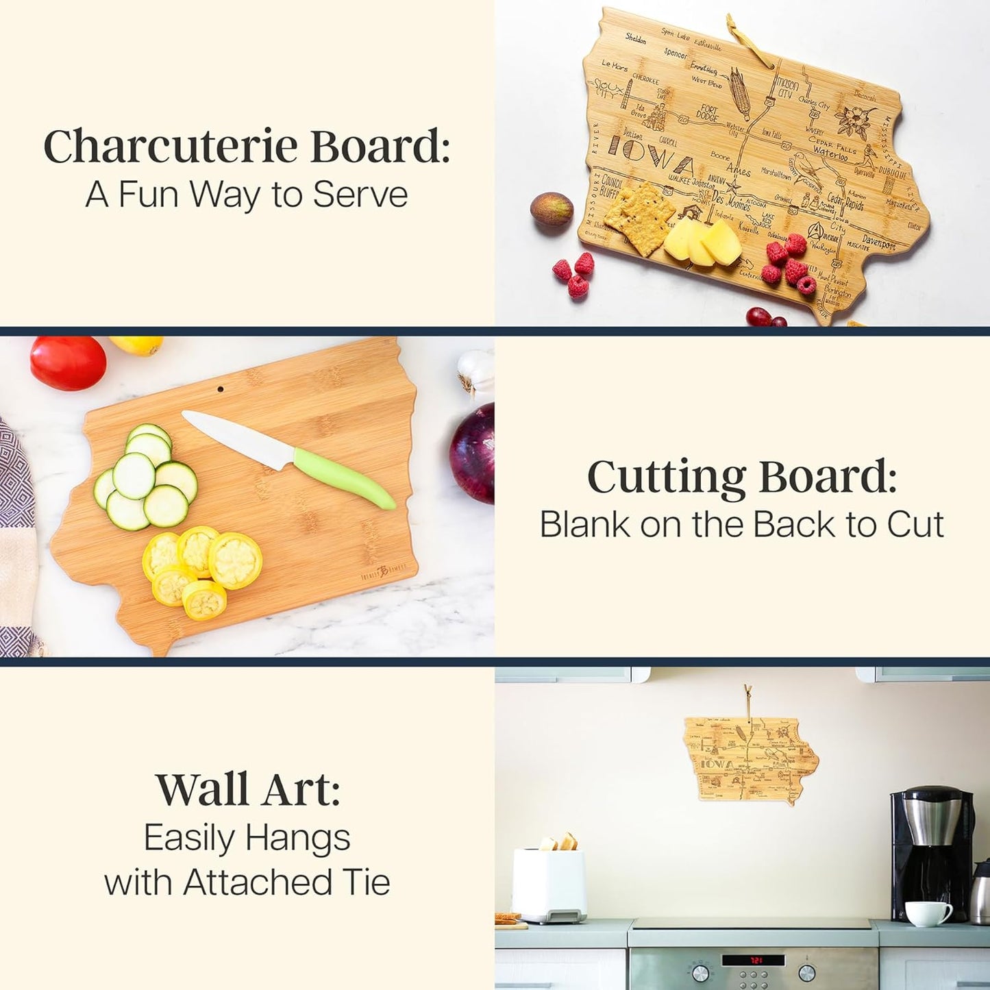 Totally Bamboo Destination Iowa Shaped Cutting Board – Bamboo Charcuterie and Serving Board with Hang Tie for Wall Display