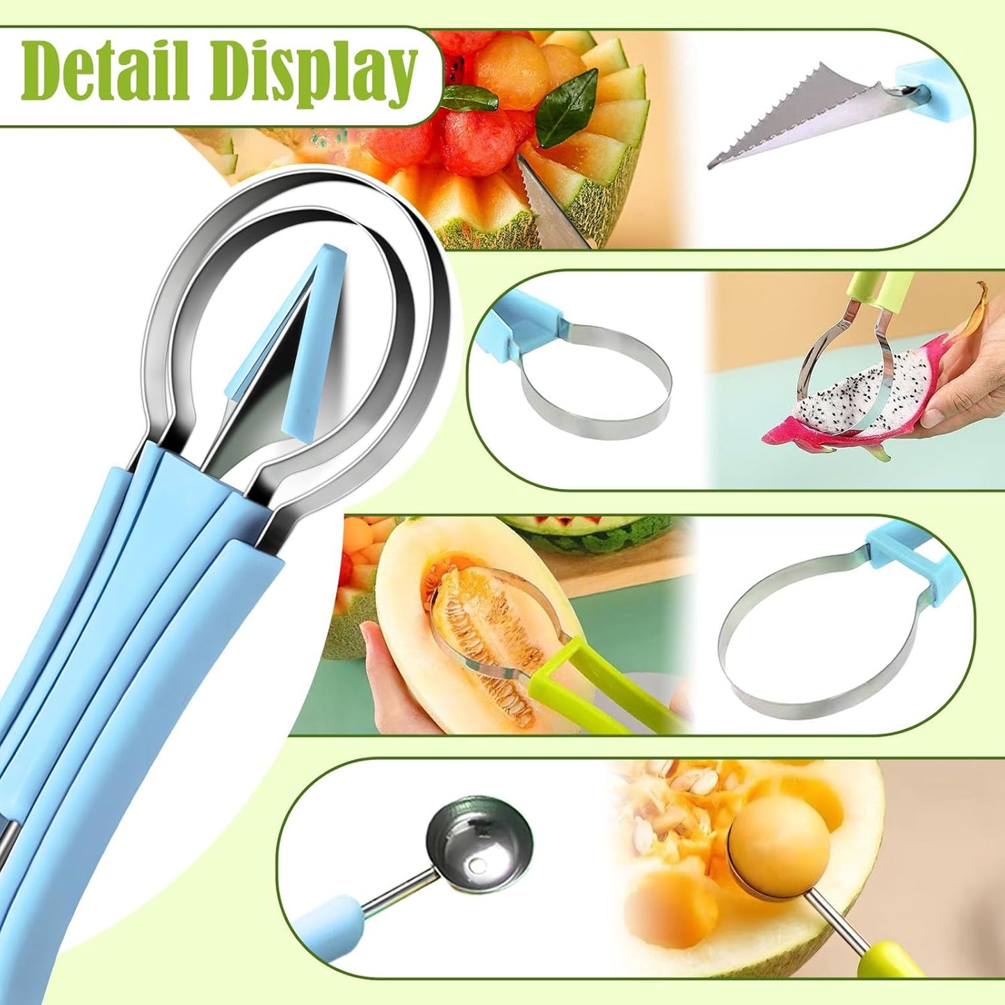 Suuker 4 in 1 Melon Baller Scoop Set, Stainless Steel Fruit Cutters Shapes, Watermelon Scooper and Baller, Fruit Carving Tools (Green)