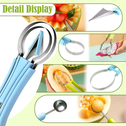 Suuker 4 in 1 Melon Baller Scoop Set, Stainless Steel Fruit Cutters Shapes, Watermelon Scooper and Baller, Fruit Carving Tools (Green)