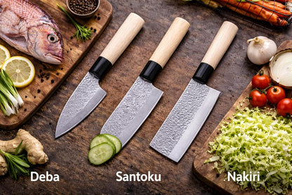 3-Piece Japanese Knife Set | 170mm Santoku, 170mm Nakiri, 120mm Deba | Tsuchime Hammered Finish | Authentic Made in Japan | Gift Box Included