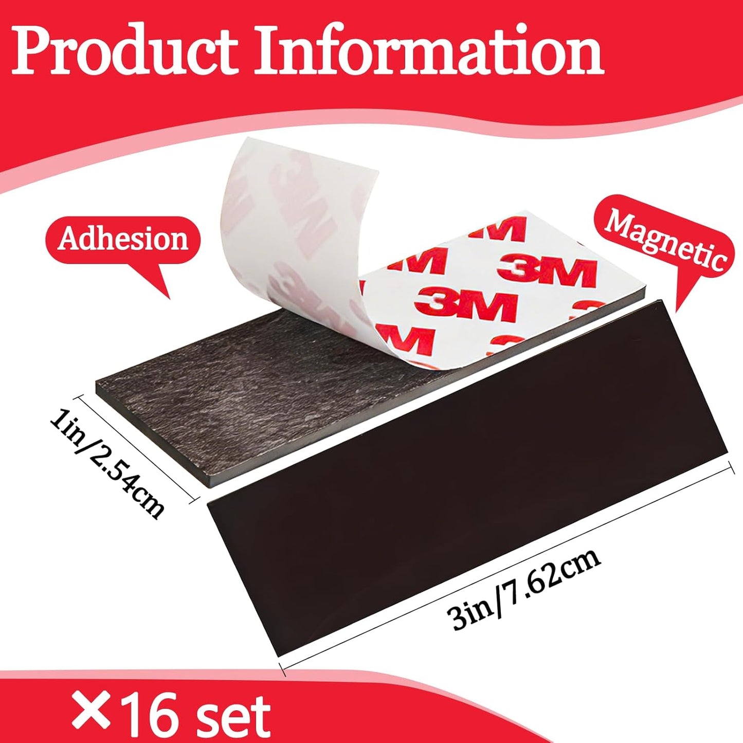 16Pack Magnetic Strip, Magnetic Tape with Adhesive Backing, Magnet Strips Heavy Duty (3" X 1") Strong Adhesive Magnetic Strips for DIY, Fridge, Whiteboard, Crafts, Signs, Cabinet（Right Angle）
