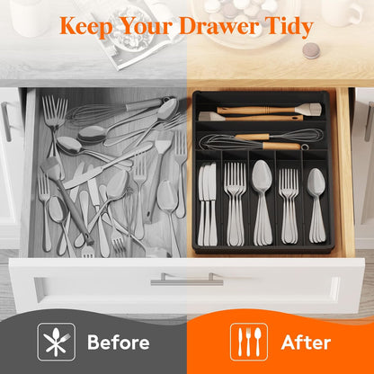 Lifewit Silverware Drawer Organizer Tray, Plastic Cutlery Storage for Kitchen, Flatware and Utensil Holder Divider for Spoons Forks Knives Tableware, 9.1 x 12.6", 5 Slots, Black