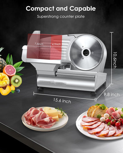 Valley Sportsman Meat Slicer Machine for Home - Electric Deli Meat Slicer with 7.5" Stainless Steel Blade, Adjustable Thickness Food Slicer Cuts Meat, Bread, Cheese, Easy to Clean, Black
