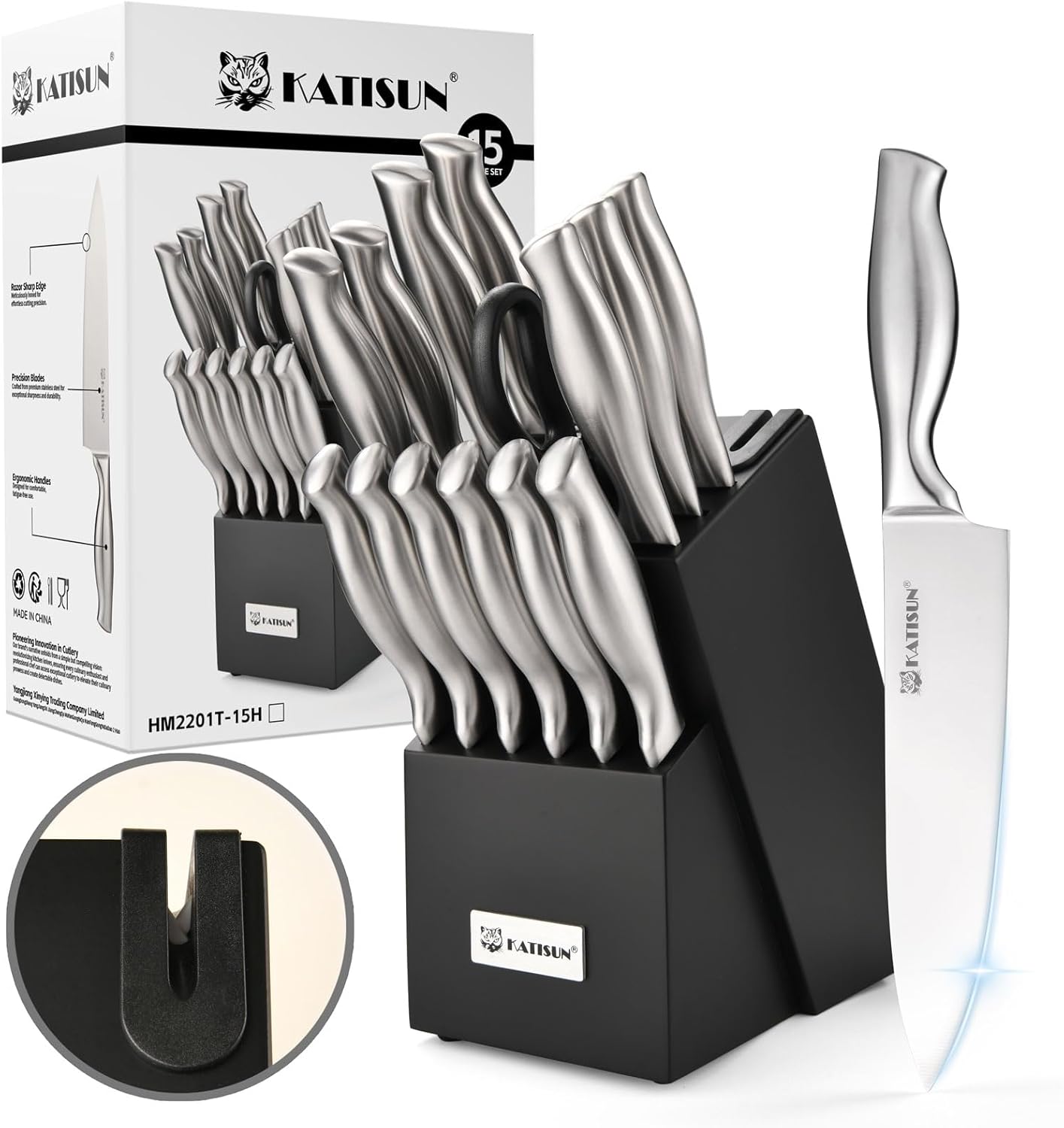 Knife Set, 15-Piece Kitchen Knife Block Sets with Built-in Sharpener, German Stainless Steel Knife Block Set, Dishwasher Safe