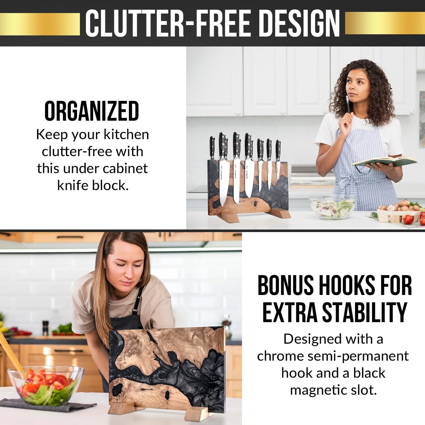 SliceElite Magnetic Knife Block Double Sided Holder East Indian Walnut Black Resin Dual Surface Magnet Storage for Knives on Kitchen Countertop Holds Up To 20 Knives
