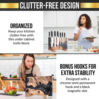 SliceElite Magnetic Knife Block Double Sided Holder East Indian Walnut Black Resin Dual Surface Magnet Storage for Knives on Kitchen Countertop Holds Up To 20 Knives