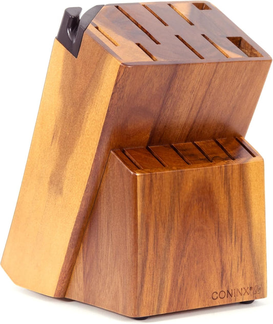 Coninx Acacia Wood Kitchen Knife Block - 15 Slots Knife Holder - Professional Quality Wood Knife Organizer - Secure Knife Stand To Keep Knives Neat & Sharp - Knife Blocks for Kitchen Knife Storage