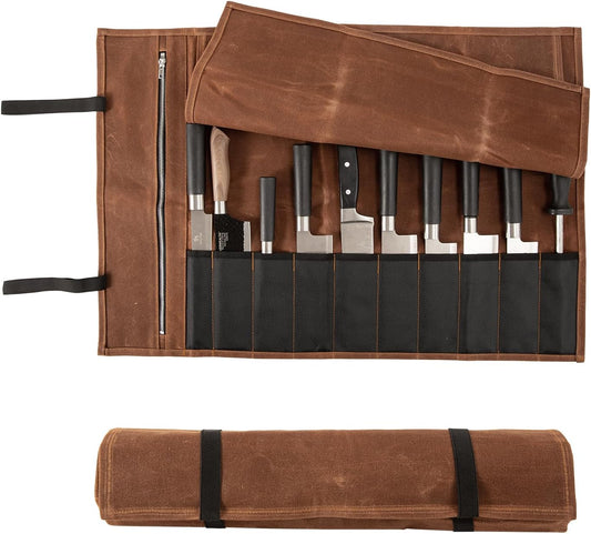 Chef Knife Roll Bag, Waxed Canvas Chef Knife Bag, Portable 10 Slots Chef Knife Case With 1 Zipper Pockets, Can Hold Home Kitchen Knife Tools Knife slot wide To 2.17”, Duty Knives Roll Bags for Chef