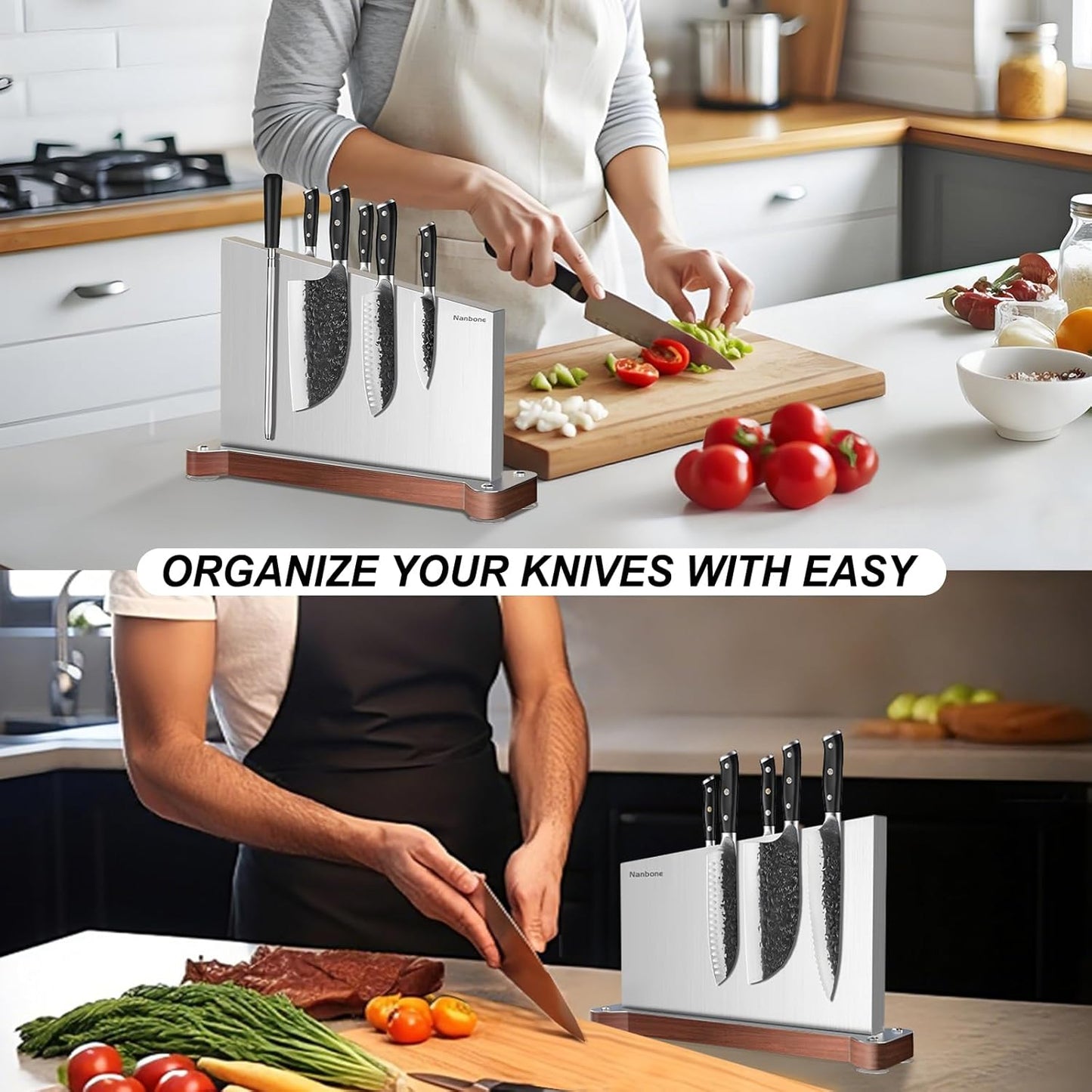 Magnetic Knife Holder, Stainless Steel Magnetic Knife Block without Knives, Strong Double Sided Magnet Knife Storage Strip with Wood Base for Kitchen Counter-Silver