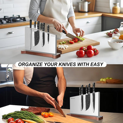 Magnetic Knife Holder, Stainless Steel Magnetic Knife Block without Knives, Strong Double Sided Magnet Knife Storage Strip with Wood Base for Kitchen Counter-Silver
