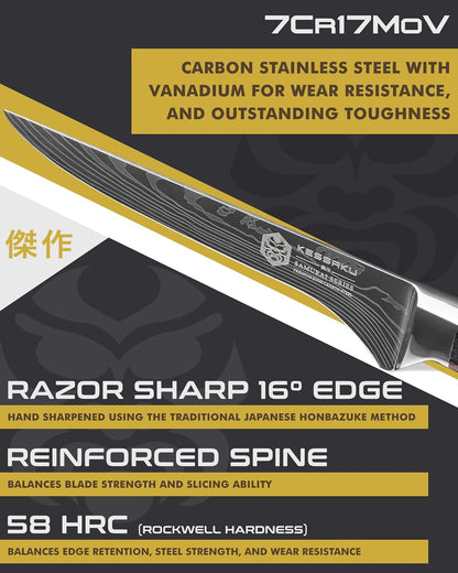 KESSAKU Serrated Utility Knife - 5.5 inch - Samurai Series - Razor Sharp Kitchen Knife - Forged 7Cr17MoV High Carbon Stainless Steel - Wood Handle with Blade Guard