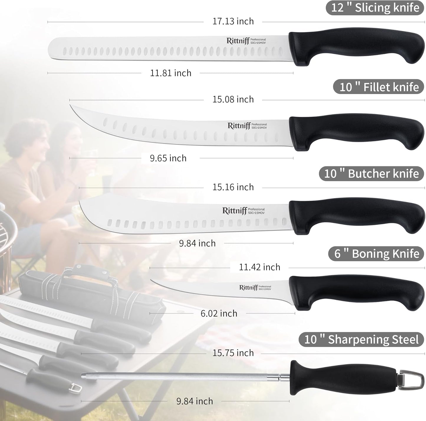 5 PCS Chef Knives with Roll Bag, Kitchen Knife Set, Sharp Stainless Steel Camping Knife for Cutting Meat, Fruits & Vegetables - Black