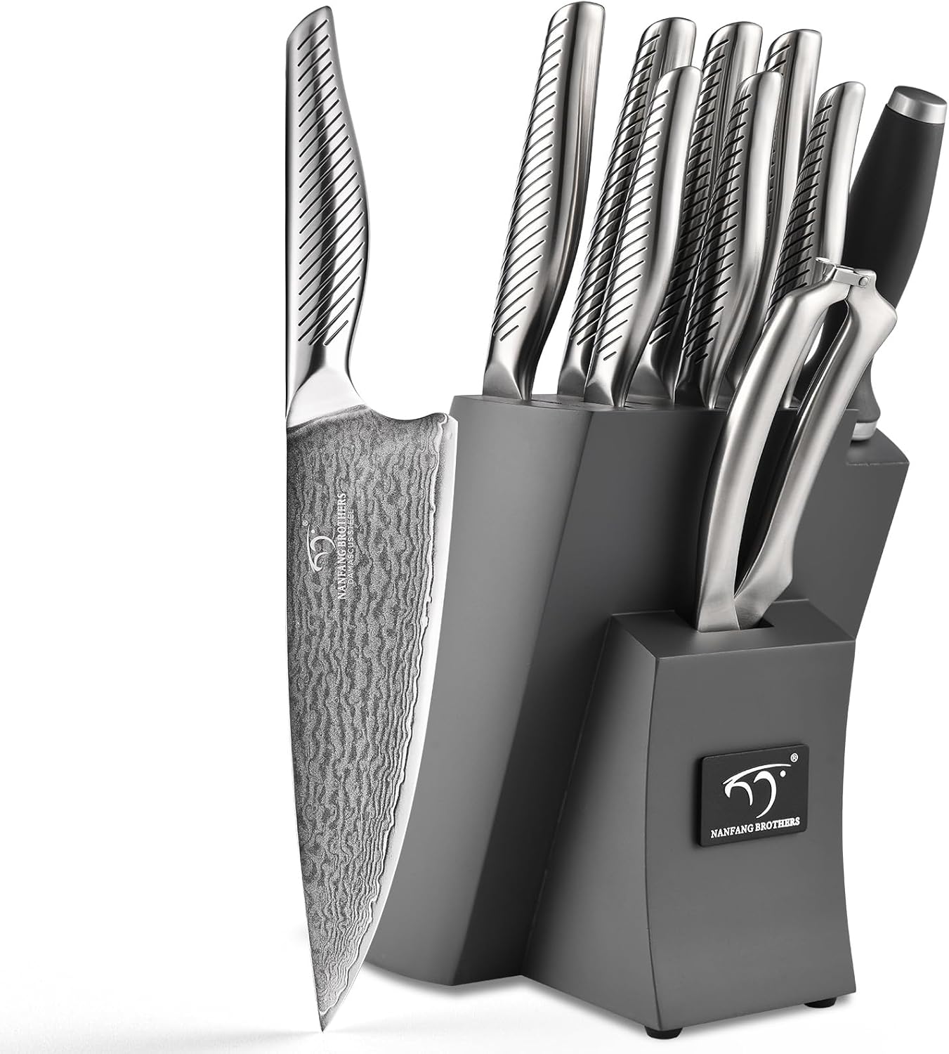 NANFANG BROTHERS® Kitchen Knife Set with Magnetic Knife Holder, 6-Piece Damascus Steel Knives & Acacia Wood magnetic Block - Includes Chef, santoku, Bread, Small Santoku, Fruit Knives