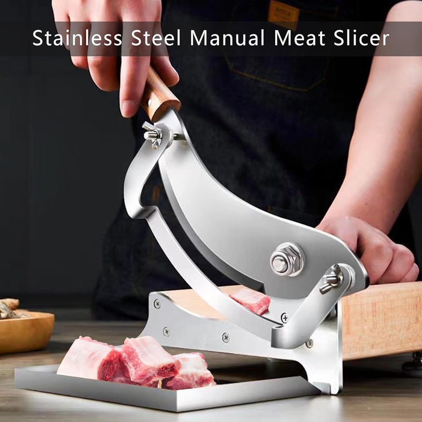 LOVEJO Stainless Steel Manual Meat Slicer - Heavy-Duty Kitchen Tool for Cheese, Jerky, Biltong, and Bread Cutting - Manual Beef and Ham Cutter with Stainless Cutting Board for Home & Deli