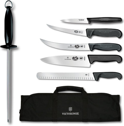 Victorinox Knife Set - Swiss Army Field Dressing Kit, 7-Piece Kitchen Knife Set, Kitchen Knives for Butcher/BBQ with Fibrox Handles, 10" Honing Steel and Case - Black