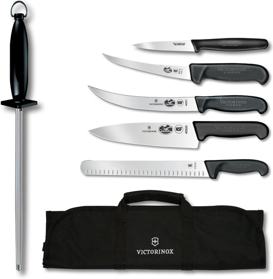 Victorinox Knife Set - Swiss Army Field Dressing Kit, 7-Piece Kitchen Knife Set, Kitchen Knives for Butcher/BBQ with Fibrox Handles, 10" Honing Steel and Case - Black