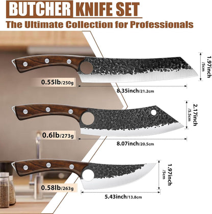 Purple Dragon Butcher Knife Set Tiger-Head, 8 PCS Japanese Chef Knife Set with Roll Bag, Meat Cleaver Boning Viking Knives, Sharp Kitchen Knives for Home, Outdoor, Camping BBQ Christmas Gift for Men