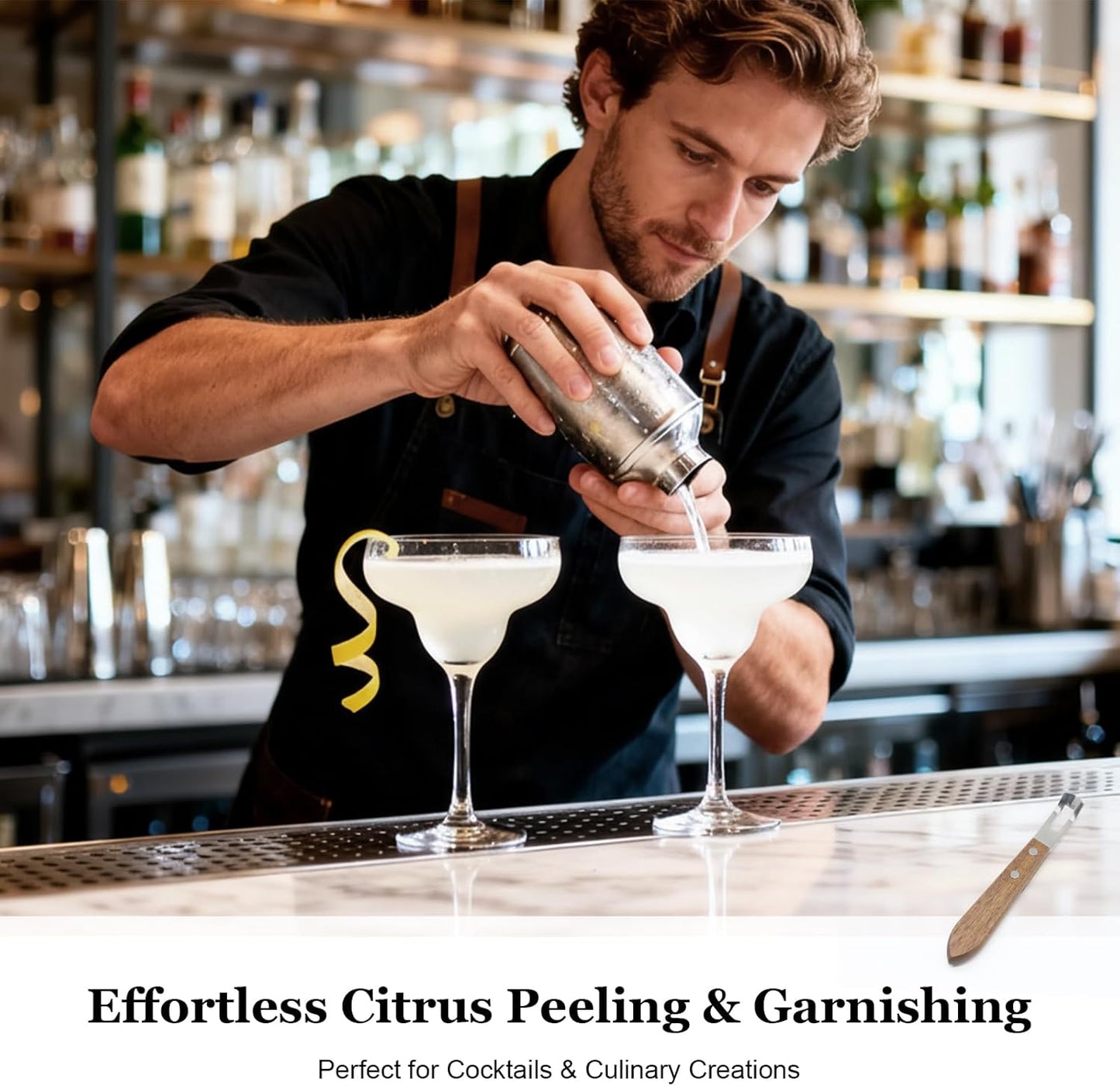 Professional Channel Knife & Citrus Zester Tool - Stainless Steel Lemon Peeler for Cocktails, Bar Tools for Bartenders, Orange Peeler with Walnut Handle for Home Bar, Kitchen, and Cocktail Garnishes