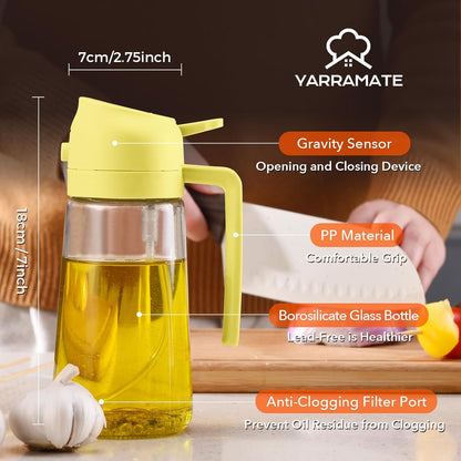 YARRAMATE 16oz/470ml Glass Olive Oil Sprayer for Cooking with Stickers, 2 in 1 Oil Dispenser for Kitchen Gadgets, Food Grade Premium Spray Bottle for Salad, Frying, BBQ (Creamy White)