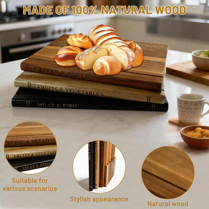 Book Cutting Board Set of 3 - Wooden Cutting Boards That Look Like Books with Stand, Acacia Wood for Meat, Vegetables, Cheese & Bread - Unique Kitchen Decor & Hygienic Gift