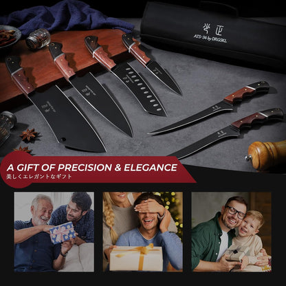 DRGSKL Boning Knife 7 inch - Brisket Trimming Knives for Meat Cutting, Black Butcher Slicing Knives with Full Tang Handle, Kitchen Fillet Knife for Birthday Dad Mom Gift