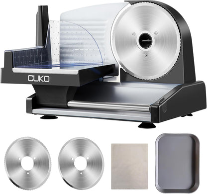 CUKO Meat Slicer,200W Electric Deli Meat Slicer, 2 Removable 7.5'' Stainless Steel Blades & Tray, 0-15mm Adjustable Thickness, Easy to Clean, for Meat, Cheese, Bread, Fruits and Vegetables