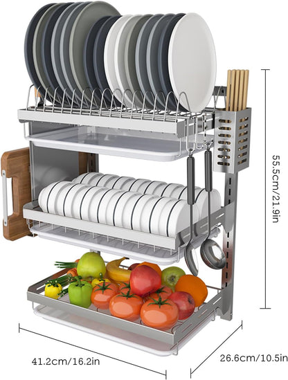 Stainless Steel Wall Mounted Dish Drying Rack, 2/3-Tier Kitchen Counter Organizer with Hooks, Chopsticks Cage and Knife Holder - Space Saving Dish Drainer and Utensils Shelf,A-1