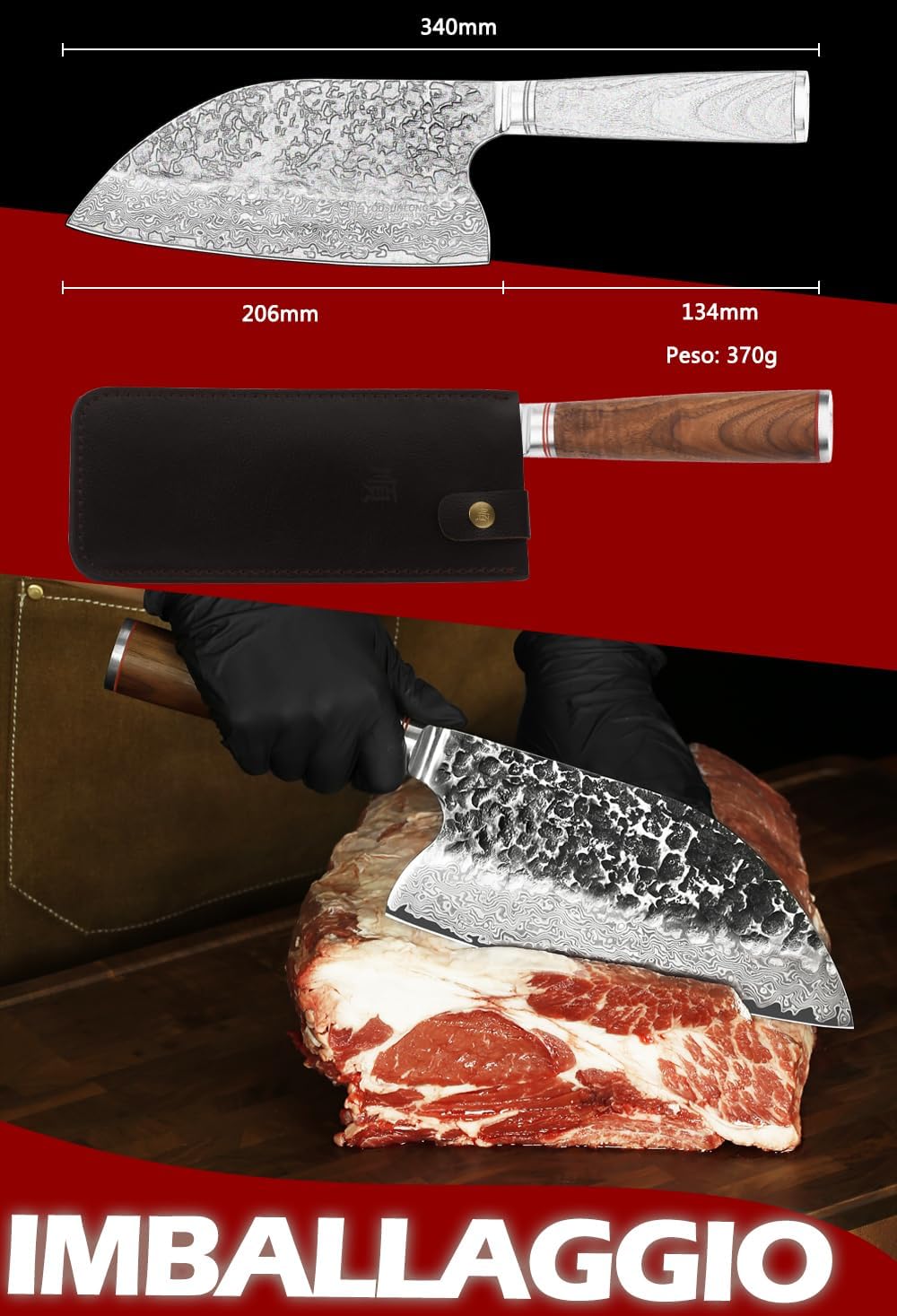 YOUSUNLONG Hybrid Cleaver 8 inch Meat Cleaver Outdoor Serbian Chef Knife-Japanese Damascus Steel - Natural Leadwood Handle with Leather