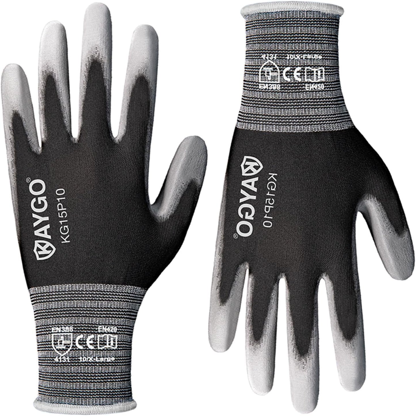 KAYGO Ultra Thin PU Coated Safety Work Gloves, 12 Pairs Nylon Knit, High Dexterity Anti-Slip Breathable Light Duty Gloves for Precision, Warehouse, DIY & Electronics (L,Gray)