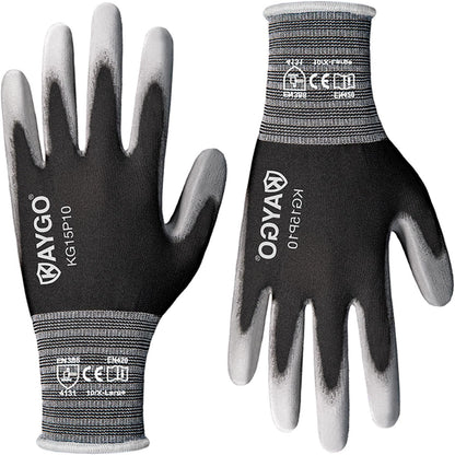 KAYGO Ultra Thin PU Coated Safety Work Gloves, 12 Pairs Nylon Knit, High Dexterity Anti-Slip Breathable Light Duty Gloves for Precision, Warehouse, DIY & Electronics (L,Gray)