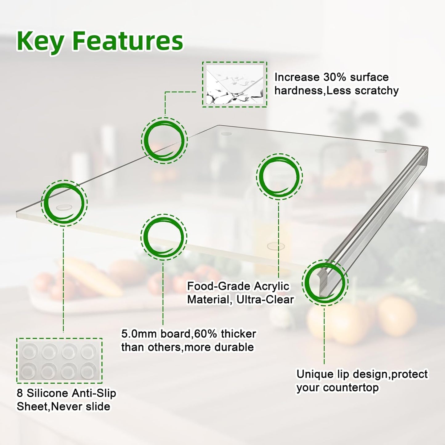 SWSKR Acrylic Cutting Board with Counter Lip,17.5"x13.5" Clear Cutting Board for Kitchen Countertop,Non-Slip,60% Thicker,Perfect for Bread,Meat,Veggies & More,Great Kitchen Essential Gadgets & Decor