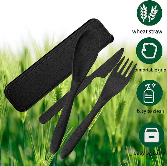 Wheat Straw Travel Utensil Set, Reusable Fork Spoon Knife with Case, BPA-Free Portable Cutlery for Camping, Picnic & Office (Purple, 1)