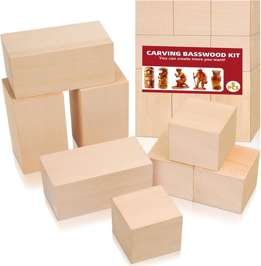 Basswood Carving Blocks, 19PCS Whittling Wood Blocks Kit with 3 Different Sizes, Bass Wood for Carving Easy to Use, for Kids and Adults