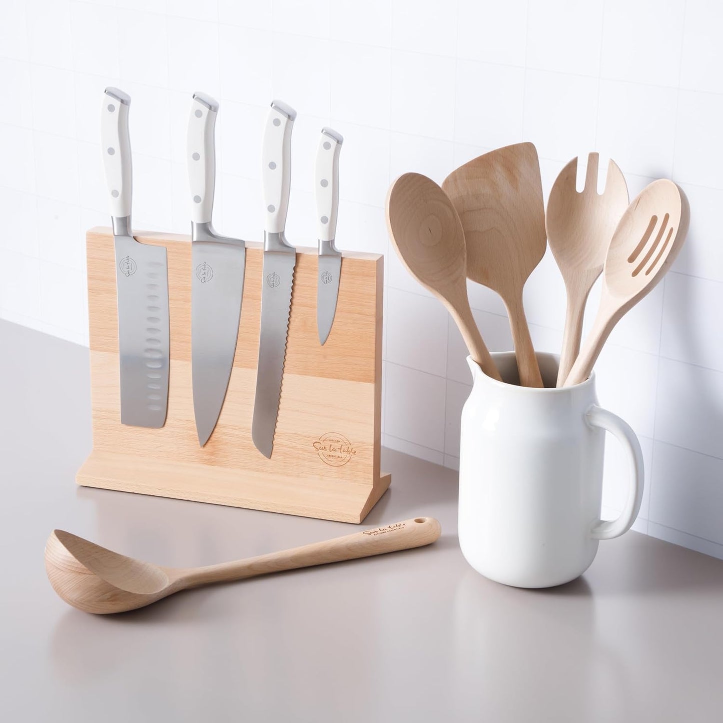 Sur La Table Kitchen Essentials 5 Piece German Steel Blade w/Triple Riveted Handle Set on Beechwood Magnetic Block - Black