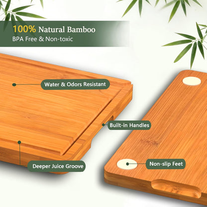 Cutting Boards for Kitchen, Bamboo Cutting Board Set of 3 with Storage Stand, Deep Carbonized Chopping Boards with Deep Juice Grooves and Side Handles for Meat, Vegetables, Fruit and Meal Prep