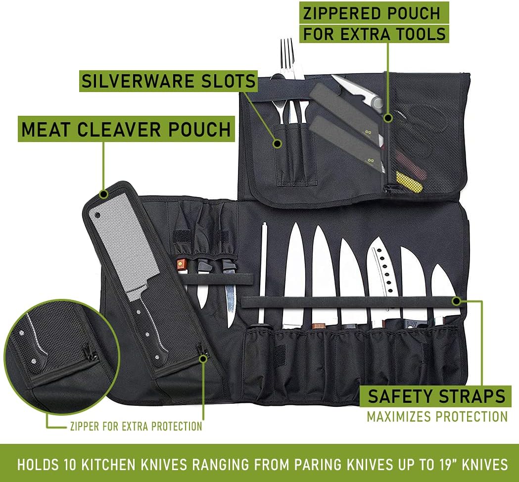 EVERPRIDE Chef Knife Roll Bag Holds 10 Knives – Contains 2 Large Zippered Pockets for Meat Cleavers and Cooking Tools – Durable Knife Carrier Case for Chefs and Culinary Students – Knives Not Included