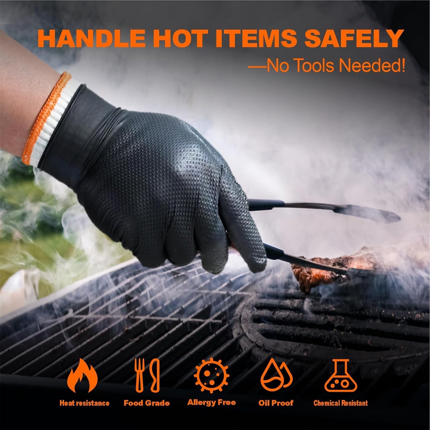 ANBOSON BBQ Gloves Disposable-Heat Resistant Cooking & Grilling Gloves Set (100 Black Nitrile, 4 Cotton Liners)-10Mil Heavy Duty Meat Handling Smoker Accessories for Hot Food Prep,Non-Slip Grip,Large
