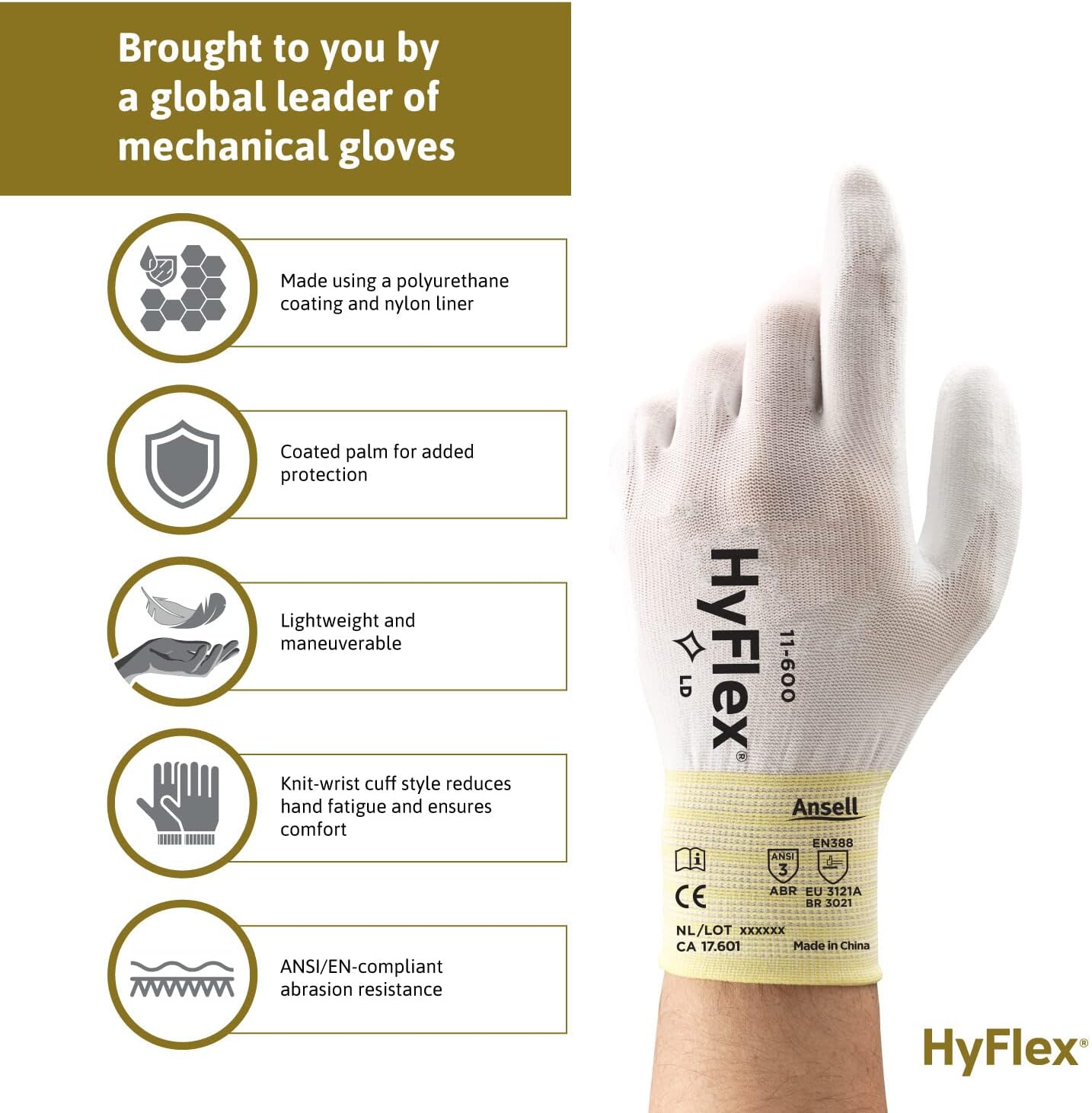 Ansell HYFLEX 11-600 Light Duty Nylon Industrial Gloves w/Palm Coating for Metal Fabrication