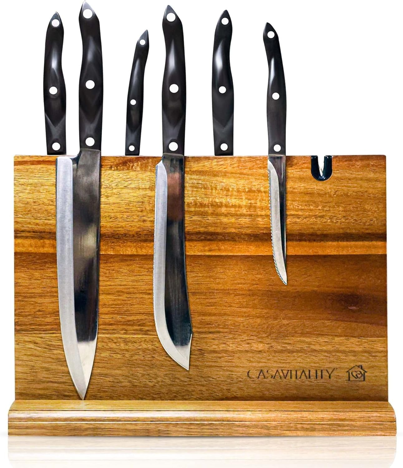 Acacia Wood Magnetic Knife Holder 14x10" – Double-Sided Knife Holder with Strong Magnet & Built-In Sharpener – Space-Saving Magnetic Knife Block Gift for Home Kitchens & Cooking Lovers