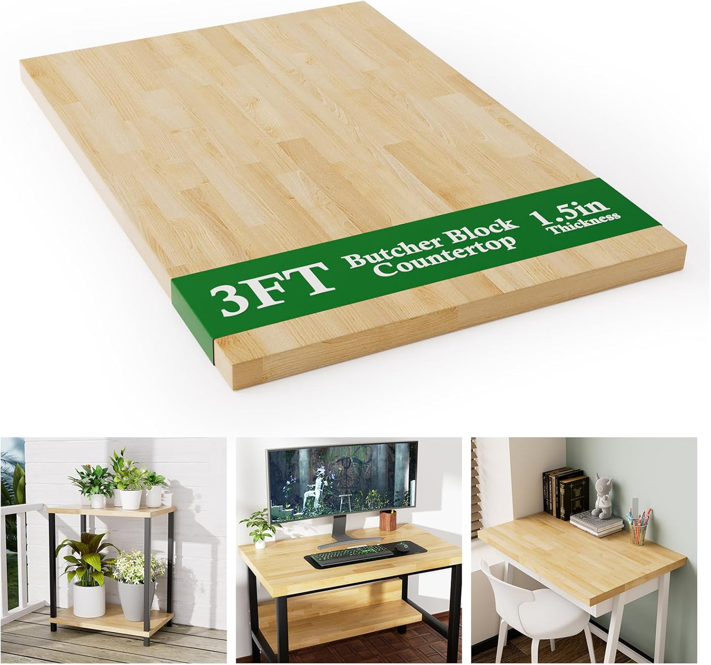 4FT Butcher Block Countertop Birch Solid Wood - 50" x 25" Table Top Butcher Block Cutting Board for Kitchen Island Cart Living Dining Office Desk Workbench Washer Dryer Countertop Unfinished 1.5" Th