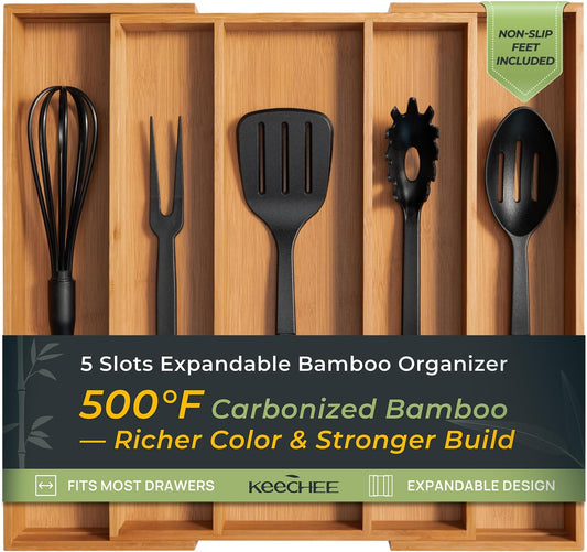 keechee Carbonized Bamboo Kitchen Drawer Organizer, 10 Slots Expandable Silverware Organizer, Utensil Holder & Cutlery Tray, 2.2" Deep for Extra Capacity, Non-Slip Feet Included