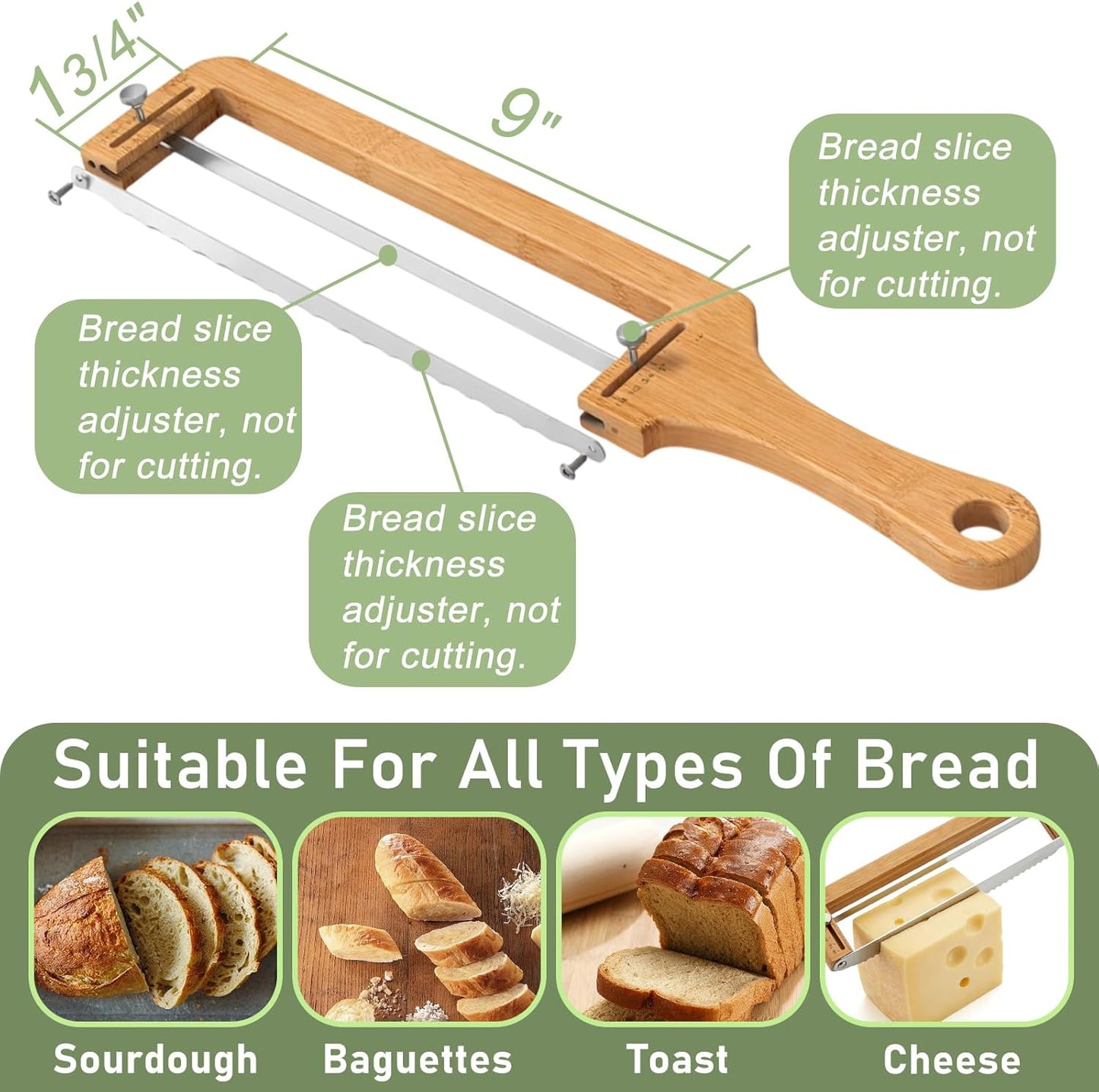 Adjustable Bread Knife, Upgraded Bread Slicer for Homemade & Sourdough Wooden Bread Knife with Thickness Guide, Bread Cutter with Stainless Steel Serrated Blade for Baguettes Bagels, Gift for Bakers