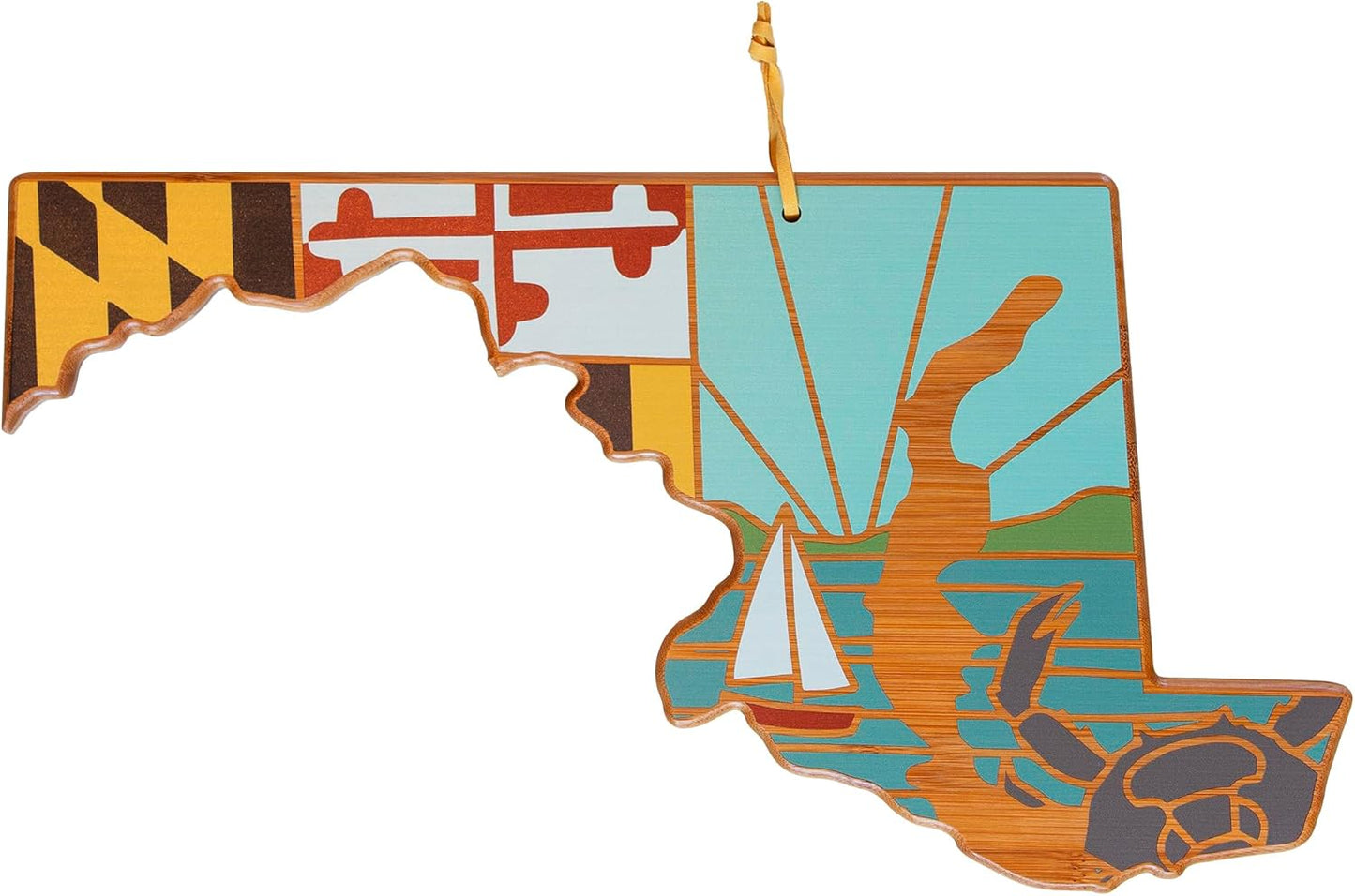 Totally Bamboo North Carolina State Shaped Cutting Board and Charcuterie Serving Platter with Artwork by Summer Stokes, Includes Hang Tie for Wall Display 18" x 8" x 5/8" - Colors B