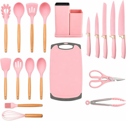 19-Piece Pink Kitchen Set for First Apartment - Complete Silicone Cooking Utensils with Wooden Handles, Pink Knife Set, Cutting Board & Holder - All-in-One Kitchen Starter Kit for New Home, BPA-Free