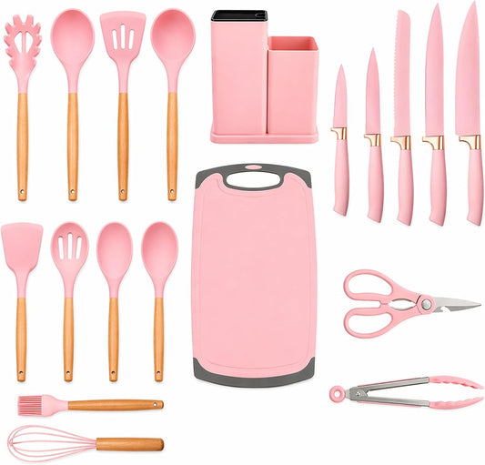 19-Piece Pink Kitchen Set for First Apartment - Complete Silicone Cooking Utensils with Wooden Handles, Pink Knife Set, Cutting Board & Holder - All-in-One Kitchen Starter Kit for New Home, BPA-Free